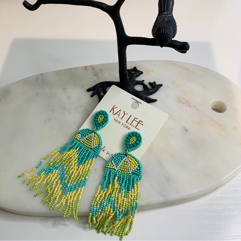 KEY LEE NEW YORK YELLOW SEED BEAD CHANDELIER EARRINGS BOHO WESTERN DROP EARRINGS